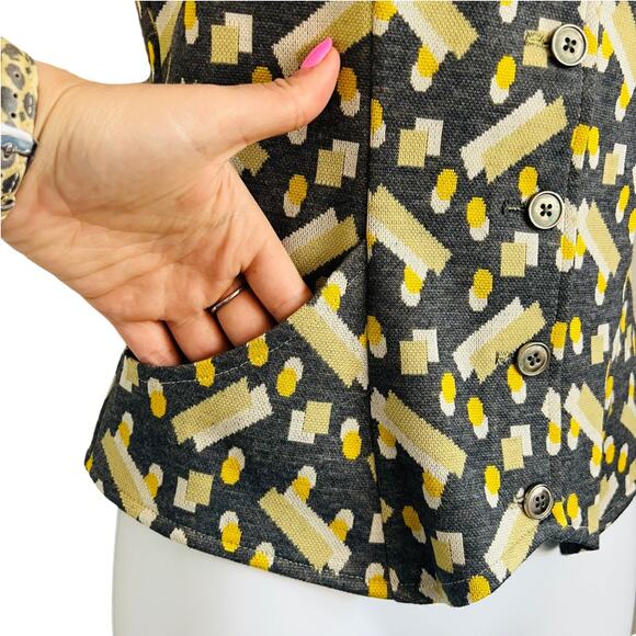 Vintage 70s Geometric Gray Yellow White Button Up Vest Top Tank size S V-Neck - Picture 5 of 6